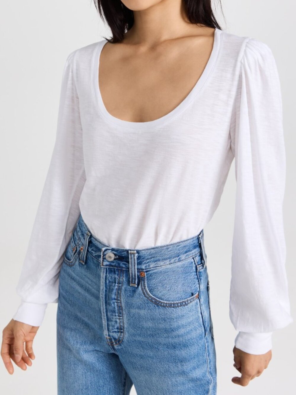 PAIGE Sylvie White Scoop Neck Long Puff Sleeve Top L Relaxed Elevated Basic Boho